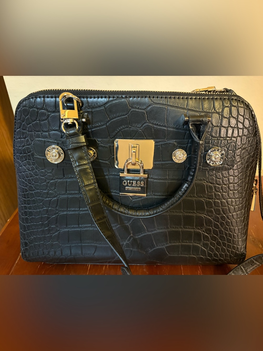 GUESS Black Croc-Embossed Satchel with Detachable Strap and Polished Hardware